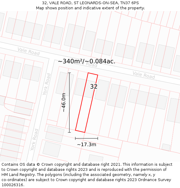 32, VALE ROAD, ST LEONARDS-ON-SEA, TN37 6PS: Plot and title map