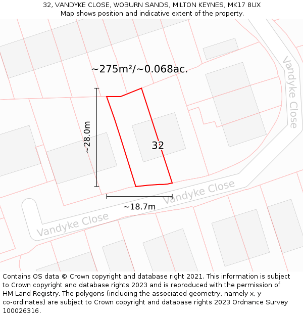 32, VANDYKE CLOSE, WOBURN SANDS, MILTON KEYNES, MK17 8UX: Plot and title map