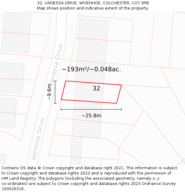 32, VANESSA DRIVE, WIVENHOE, COLCHESTER, CO7 9PB: Plot and title map