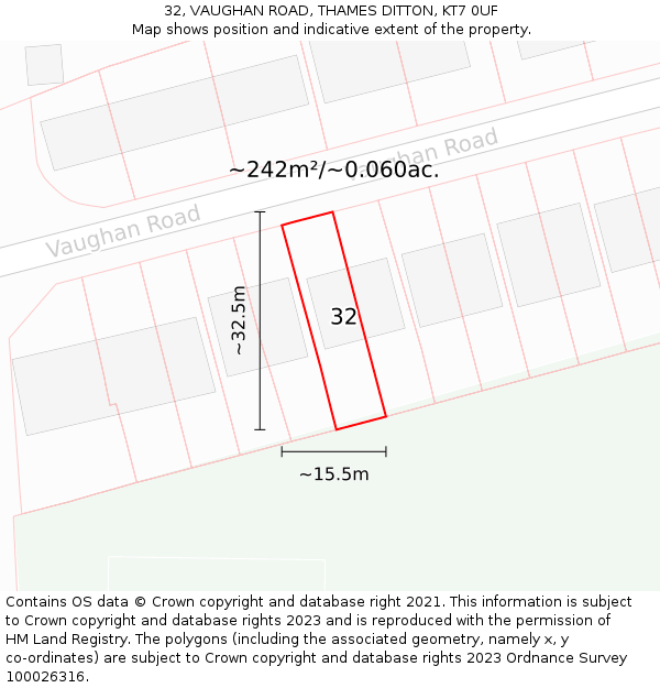 32, VAUGHAN ROAD, THAMES DITTON, KT7 0UF: Plot and title map