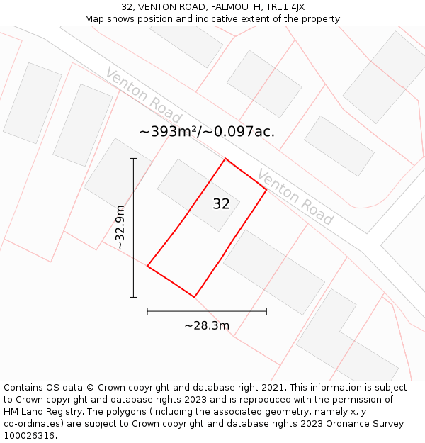 32, VENTON ROAD, FALMOUTH, TR11 4JX: Plot and title map