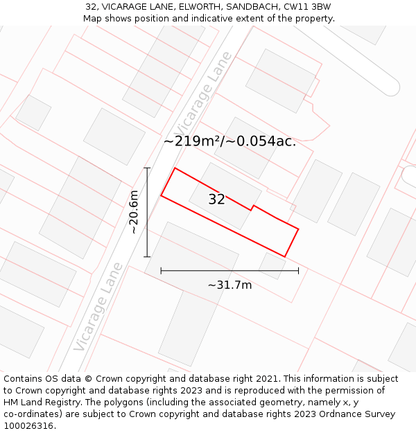 32, VICARAGE LANE, ELWORTH, SANDBACH, CW11 3BW: Plot and title map