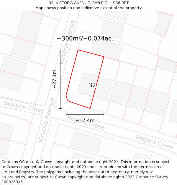 32, VICTORIA AVENUE, RAYLEIGH, SS6 9BT: Plot and title map