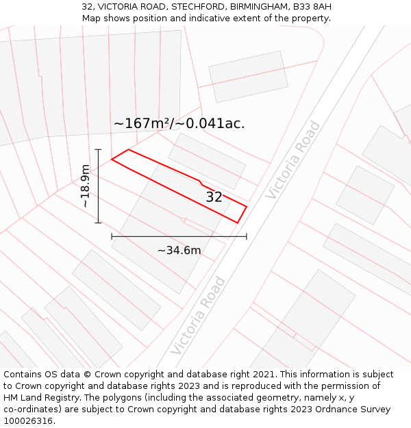 32, VICTORIA ROAD, STECHFORD, BIRMINGHAM, B33 8AH: Plot and title map