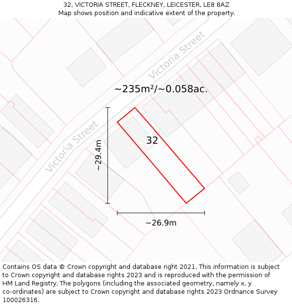 32, VICTORIA STREET, FLECKNEY, LEICESTER, LE8 8AZ: Plot and title map