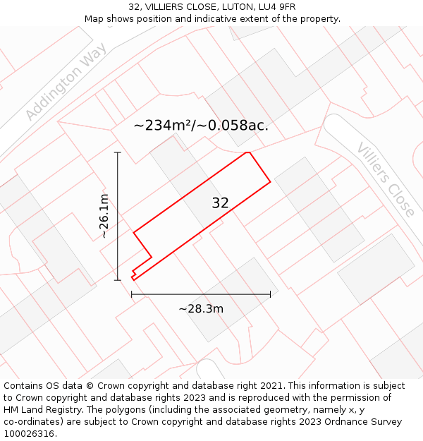 32, VILLIERS CLOSE, LUTON, LU4 9FR: Plot and title map