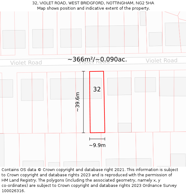 32, VIOLET ROAD, WEST BRIDGFORD, NOTTINGHAM, NG2 5HA: Plot and title map