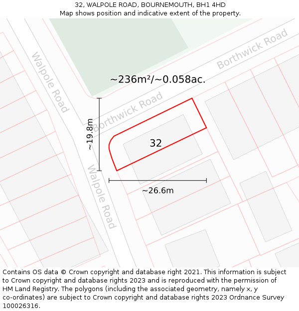 32, WALPOLE ROAD, BOURNEMOUTH, BH1 4HD: Plot and title map