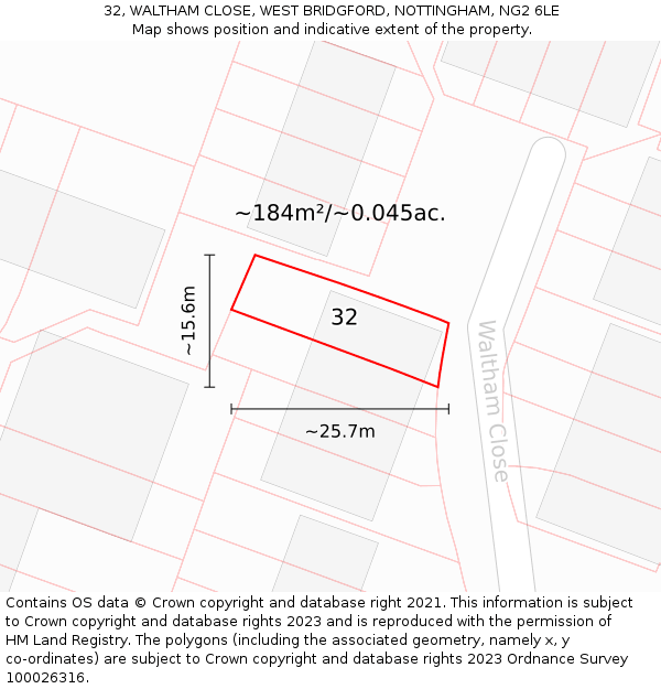 32, WALTHAM CLOSE, WEST BRIDGFORD, NOTTINGHAM, NG2 6LE: Plot and title map