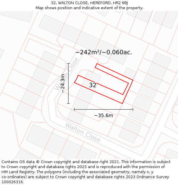 32, WALTON CLOSE, HEREFORD, HR2 6BJ: Plot and title map