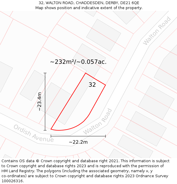 32, WALTON ROAD, CHADDESDEN, DERBY, DE21 6QE: Plot and title map