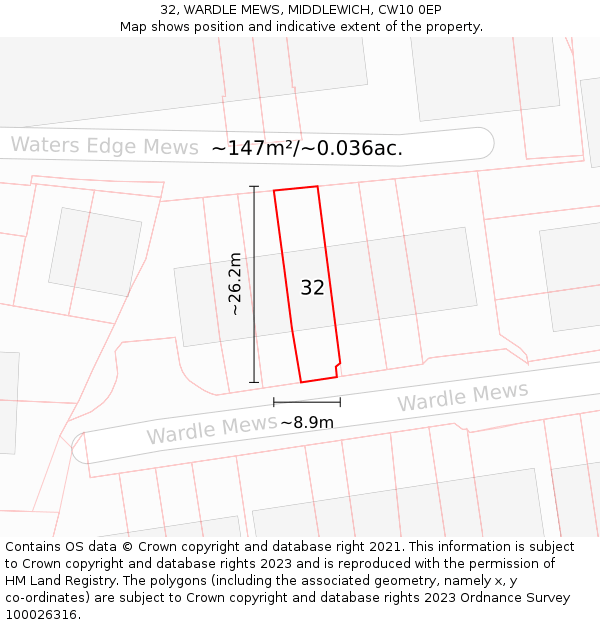 32, WARDLE MEWS, MIDDLEWICH, CW10 0EP: Plot and title map