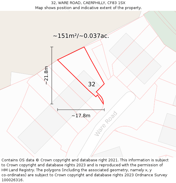 32, WARE ROAD, CAERPHILLY, CF83 1SX: Plot and title map