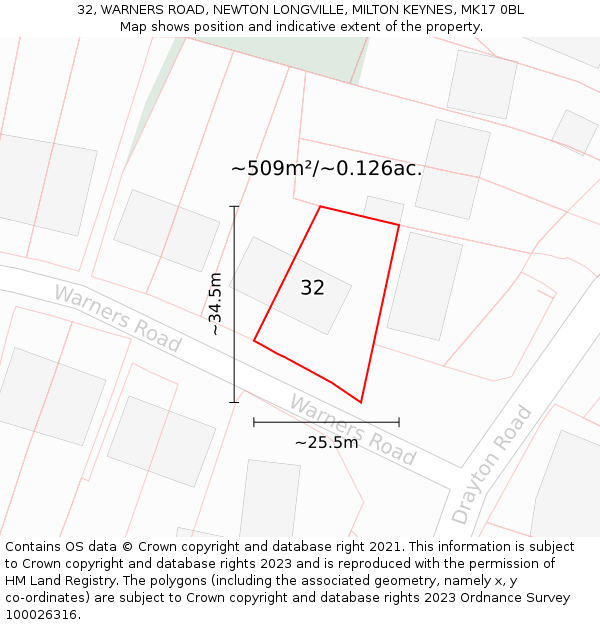 32, WARNERS ROAD, NEWTON LONGVILLE, MILTON KEYNES, MK17 0BL: Plot and title map