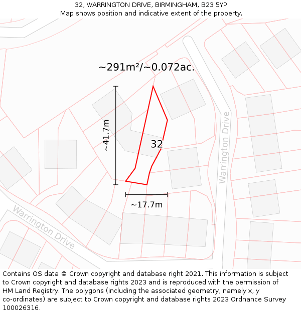 32, WARRINGTON DRIVE, BIRMINGHAM, B23 5YP: Plot and title map