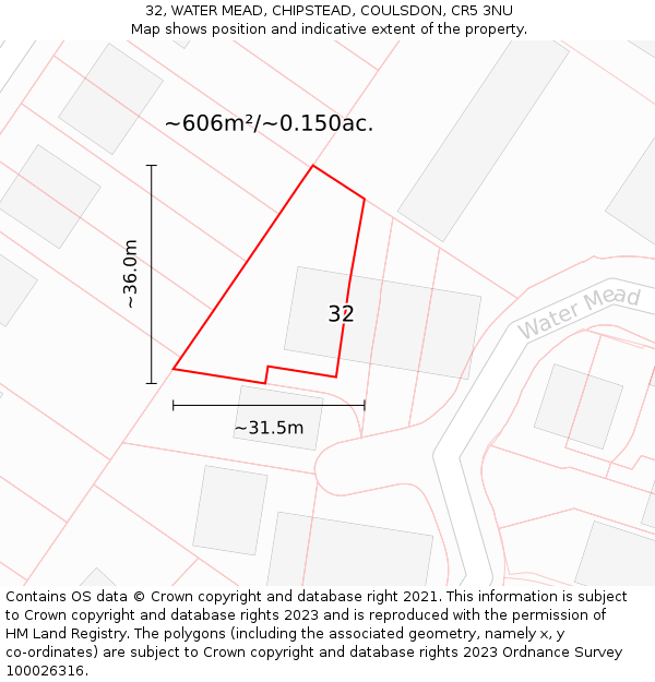 32, WATER MEAD, CHIPSTEAD, COULSDON, CR5 3NU: Plot and title map