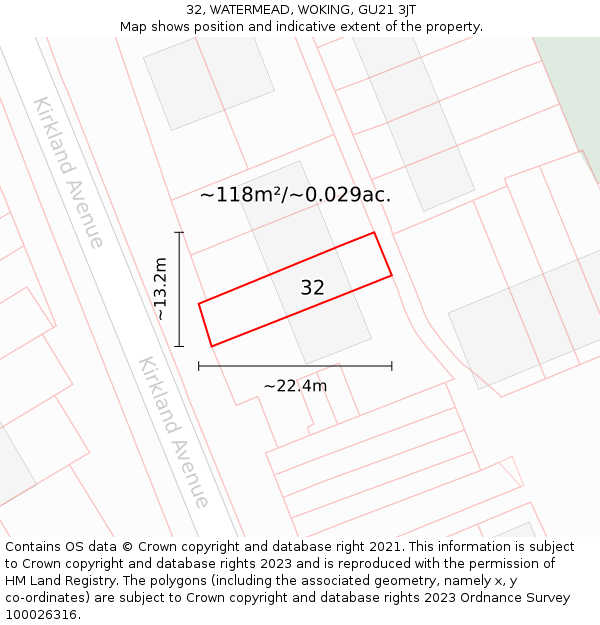 32, WATERMEAD, WOKING, GU21 3JT: Plot and title map