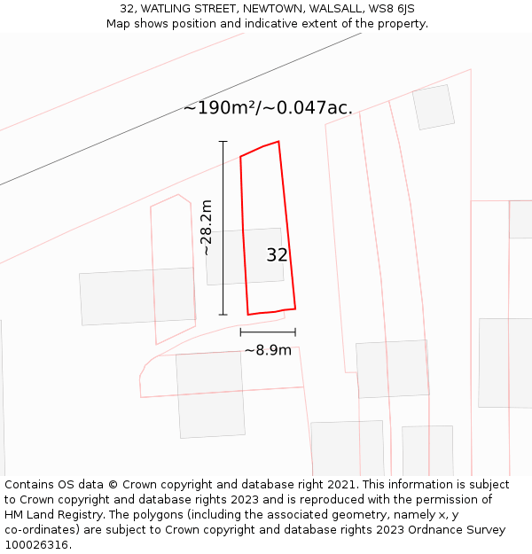 32, WATLING STREET, NEWTOWN, WALSALL, WS8 6JS: Plot and title map