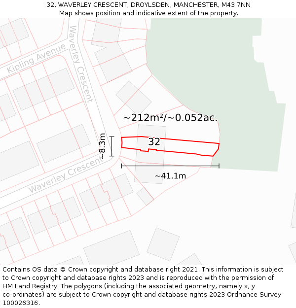 32, WAVERLEY CRESCENT, DROYLSDEN, MANCHESTER, M43 7NN: Plot and title map