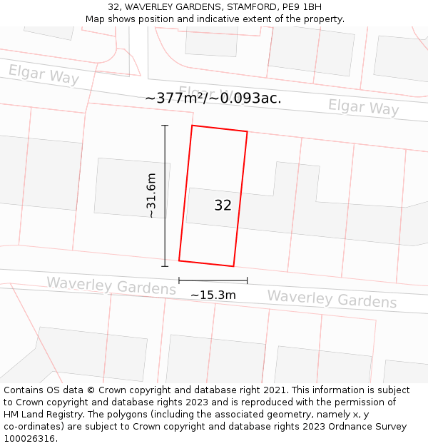 32, WAVERLEY GARDENS, STAMFORD, PE9 1BH: Plot and title map