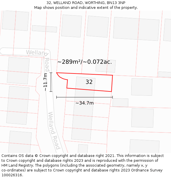32, WELLAND ROAD, WORTHING, BN13 3NP: Plot and title map
