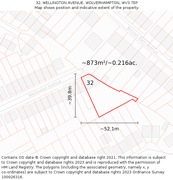 32, WELLINGTON AVENUE, WOLVERHAMPTON, WV3 7EP: Plot and title map