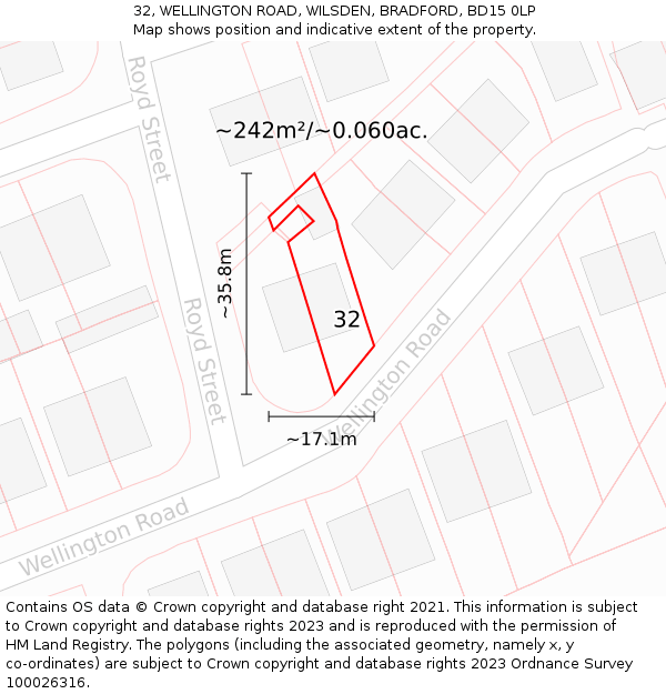 32, WELLINGTON ROAD, WILSDEN, BRADFORD, BD15 0LP: Plot and title map