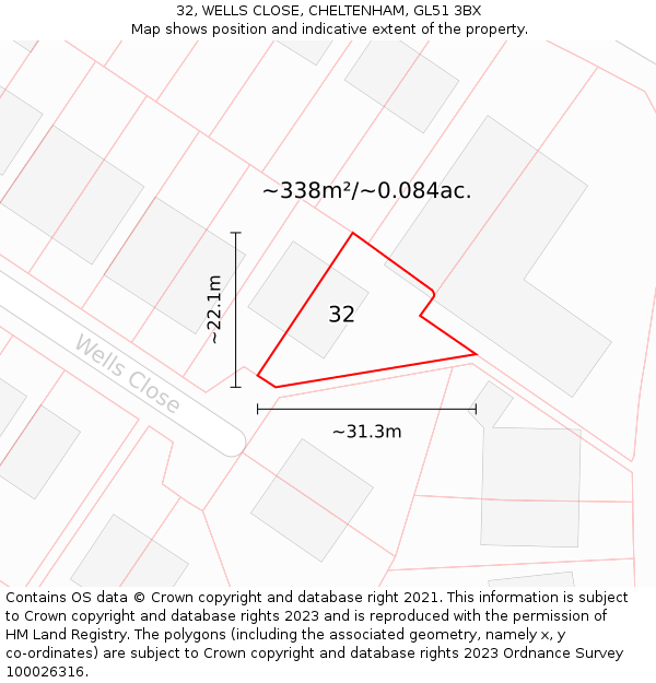 32, WELLS CLOSE, CHELTENHAM, GL51 3BX: Plot and title map