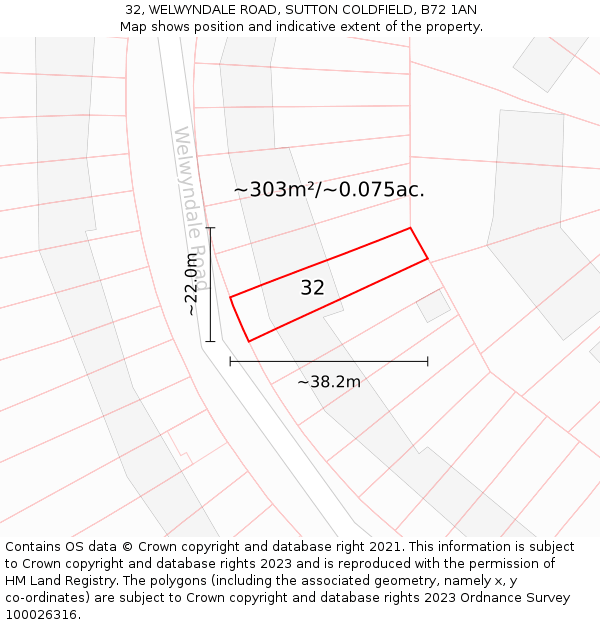 32, WELWYNDALE ROAD, SUTTON COLDFIELD, B72 1AN: Plot and title map