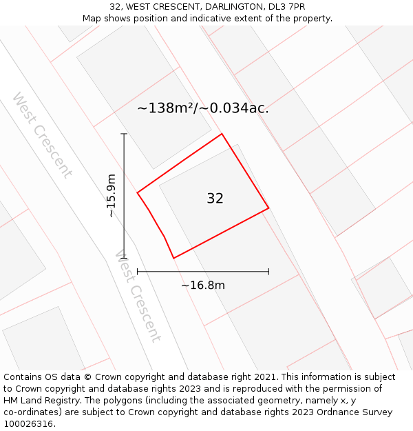 32, WEST CRESCENT, DARLINGTON, DL3 7PR: Plot and title map