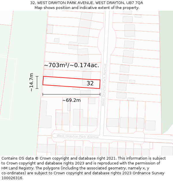 32, WEST DRAYTON PARK AVENUE, WEST DRAYTON, UB7 7QA: Plot and title map