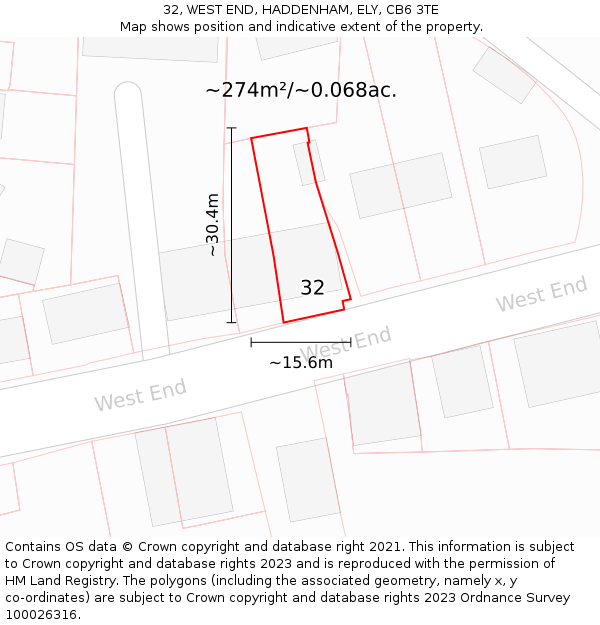 32, WEST END, HADDENHAM, ELY, CB6 3TE: Plot and title map