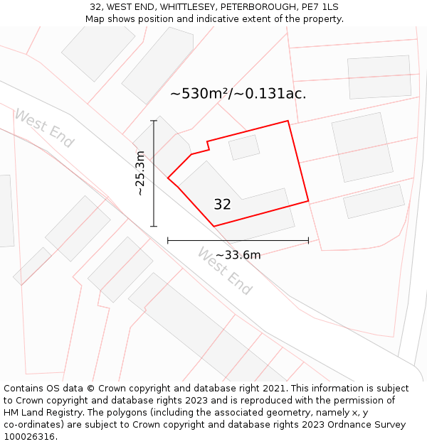 32, WEST END, WHITTLESEY, PETERBOROUGH, PE7 1LS: Plot and title map