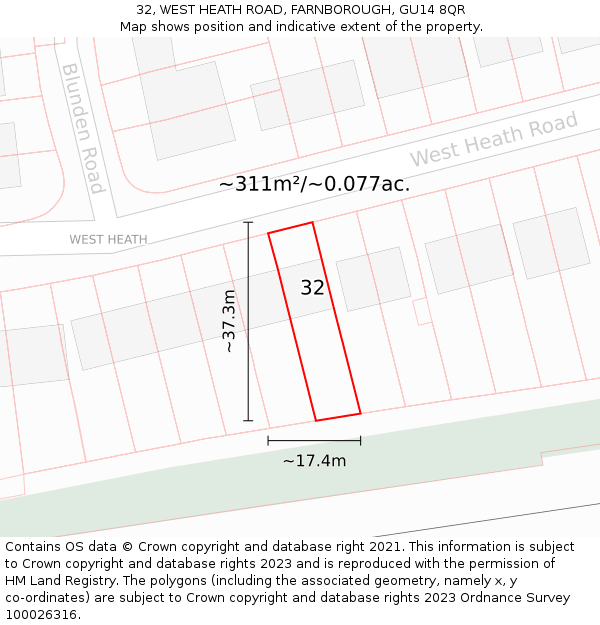 32, WEST HEATH ROAD, FARNBOROUGH, GU14 8QR: Plot and title map