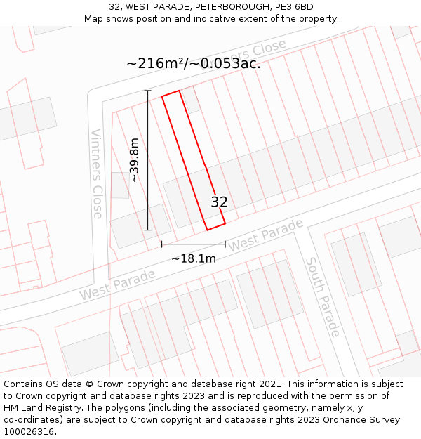 32, WEST PARADE, PETERBOROUGH, PE3 6BD: Plot and title map