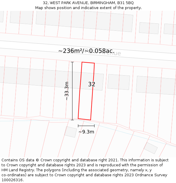 32, WEST PARK AVENUE, BIRMINGHAM, B31 5BQ: Plot and title map