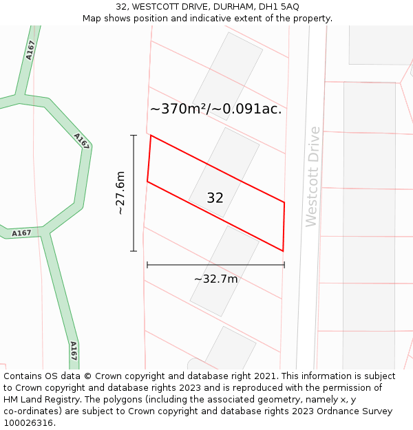 32, WESTCOTT DRIVE, DURHAM, DH1 5AQ: Plot and title map