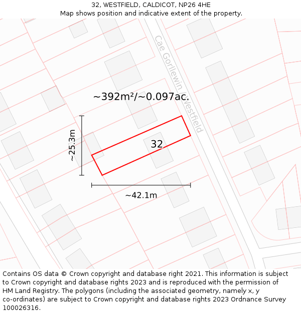 32, WESTFIELD, CALDICOT, NP26 4HE: Plot and title map