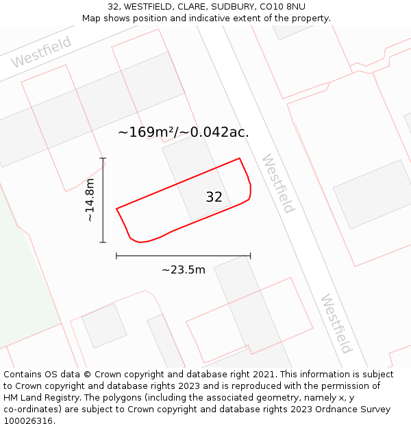 32, WESTFIELD, CLARE, SUDBURY, CO10 8NU: Plot and title map