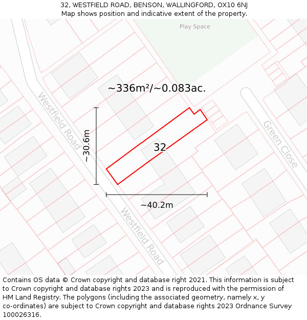 32, WESTFIELD ROAD, BENSON, WALLINGFORD, OX10 6NJ: Plot and title map