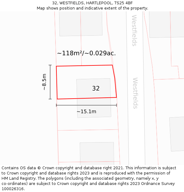 32, WESTFIELDS, HARTLEPOOL, TS25 4BF: Plot and title map