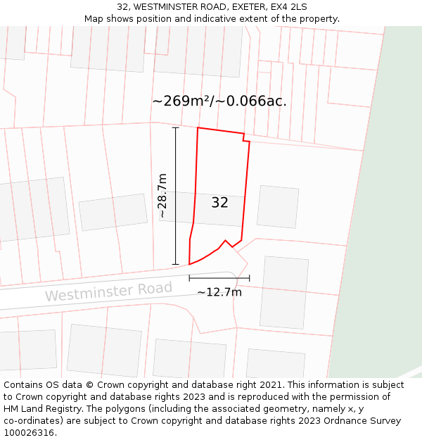 32, WESTMINSTER ROAD, EXETER, EX4 2LS: Plot and title map