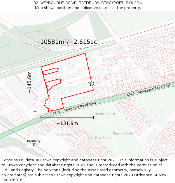 32, WEYBOURNE DRIVE, BREDBURY, STOCKPORT, SK6 2DN: Plot and title map