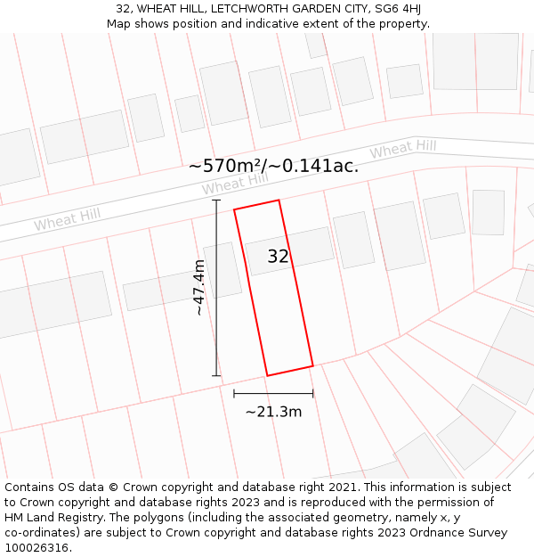 32, WHEAT HILL, LETCHWORTH GARDEN CITY, SG6 4HJ: Plot and title map