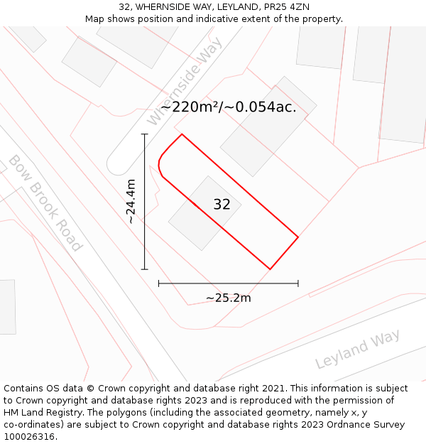 32, WHERNSIDE WAY, LEYLAND, PR25 4ZN: Plot and title map