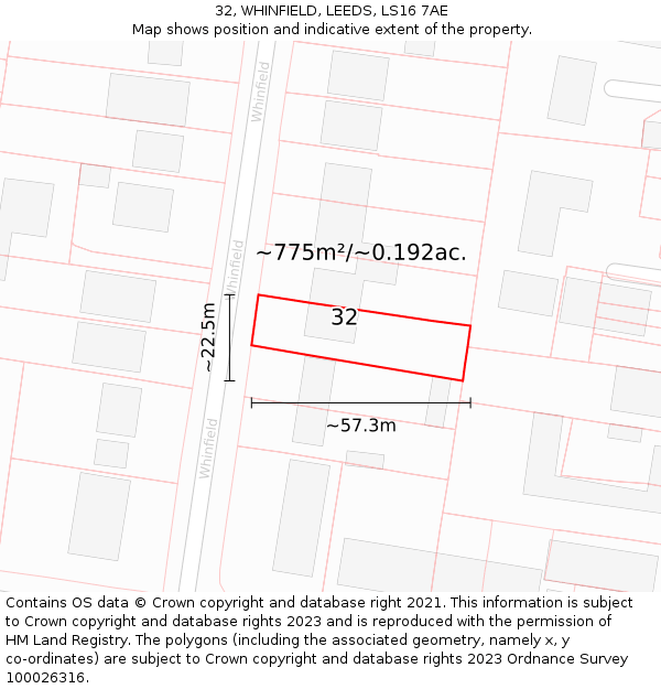 32, WHINFIELD, LEEDS, LS16 7AE: Plot and title map