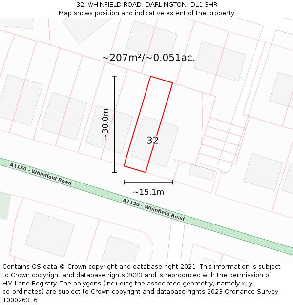 32, WHINFIELD ROAD, DARLINGTON, DL1 3HR: Plot and title map