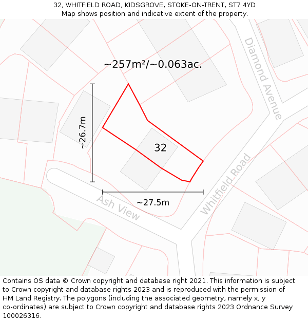 32, WHITFIELD ROAD, KIDSGROVE, STOKE-ON-TRENT, ST7 4YD: Plot and title map