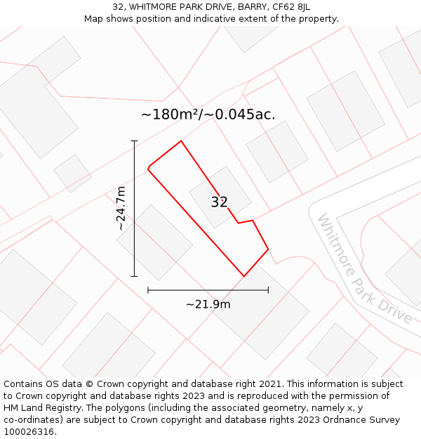 32, WHITMORE PARK DRIVE, BARRY, CF62 8JL: Plot and title map