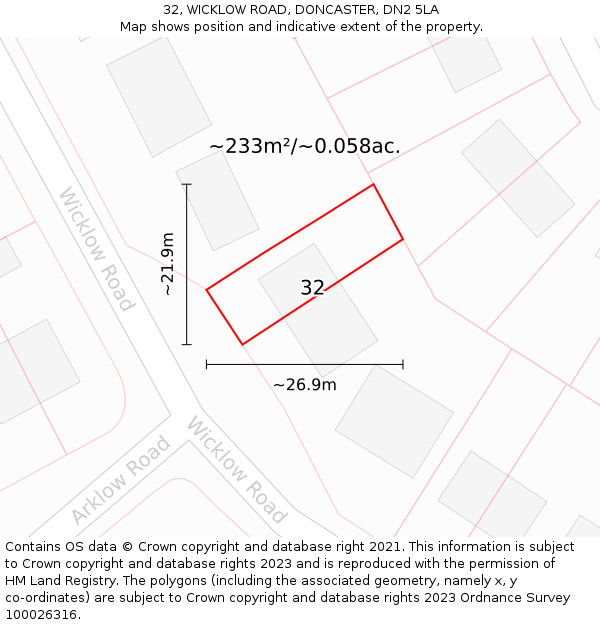 32, WICKLOW ROAD, DONCASTER, DN2 5LA: Plot and title map